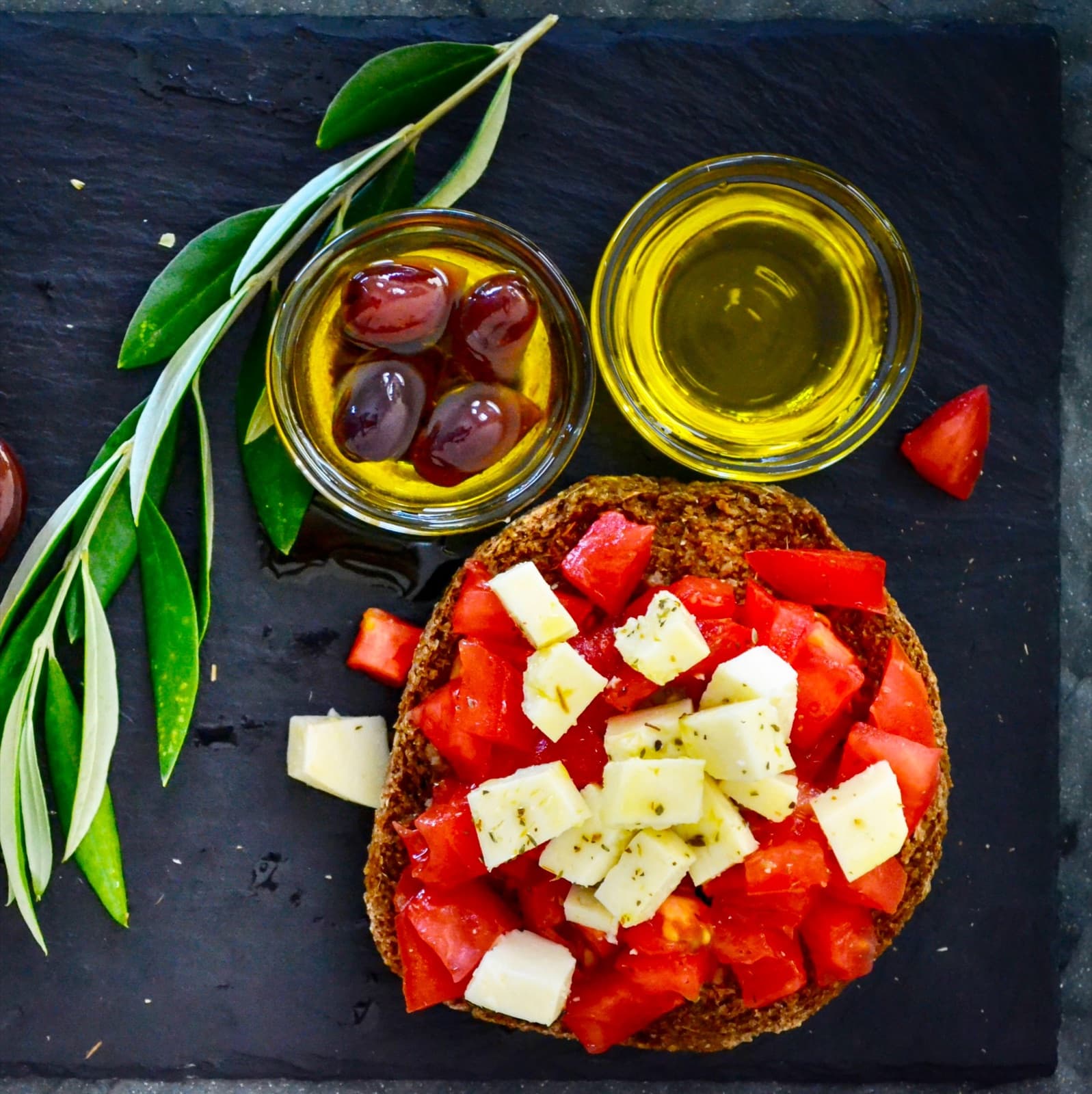 Tomatoes, feta, olives and olive oil